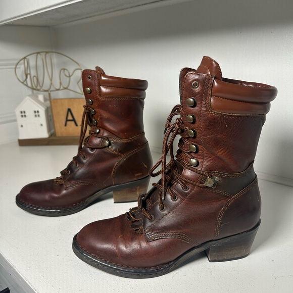 Double H Shoes - Double H Women’s 8.5M Brown Leather Lace-Up Western Boots Moto Kitlie Style